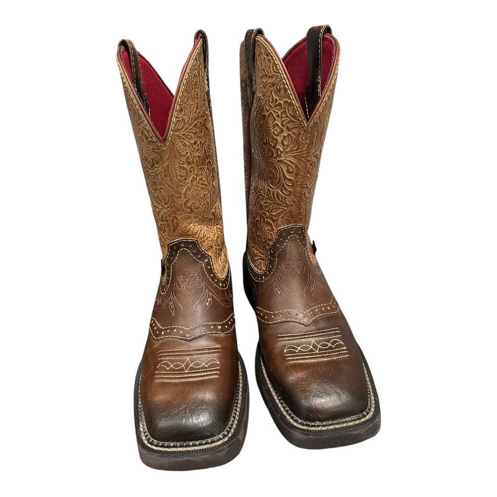 Justin Gypsy Women 8B Brown Leather Floral Embossed Square Toe Western Boots